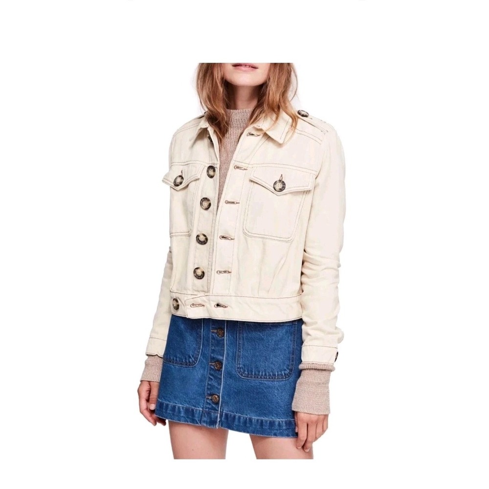 Free People Women Ivory Eisenhower Denim Crop Trucker Jacket Size S
